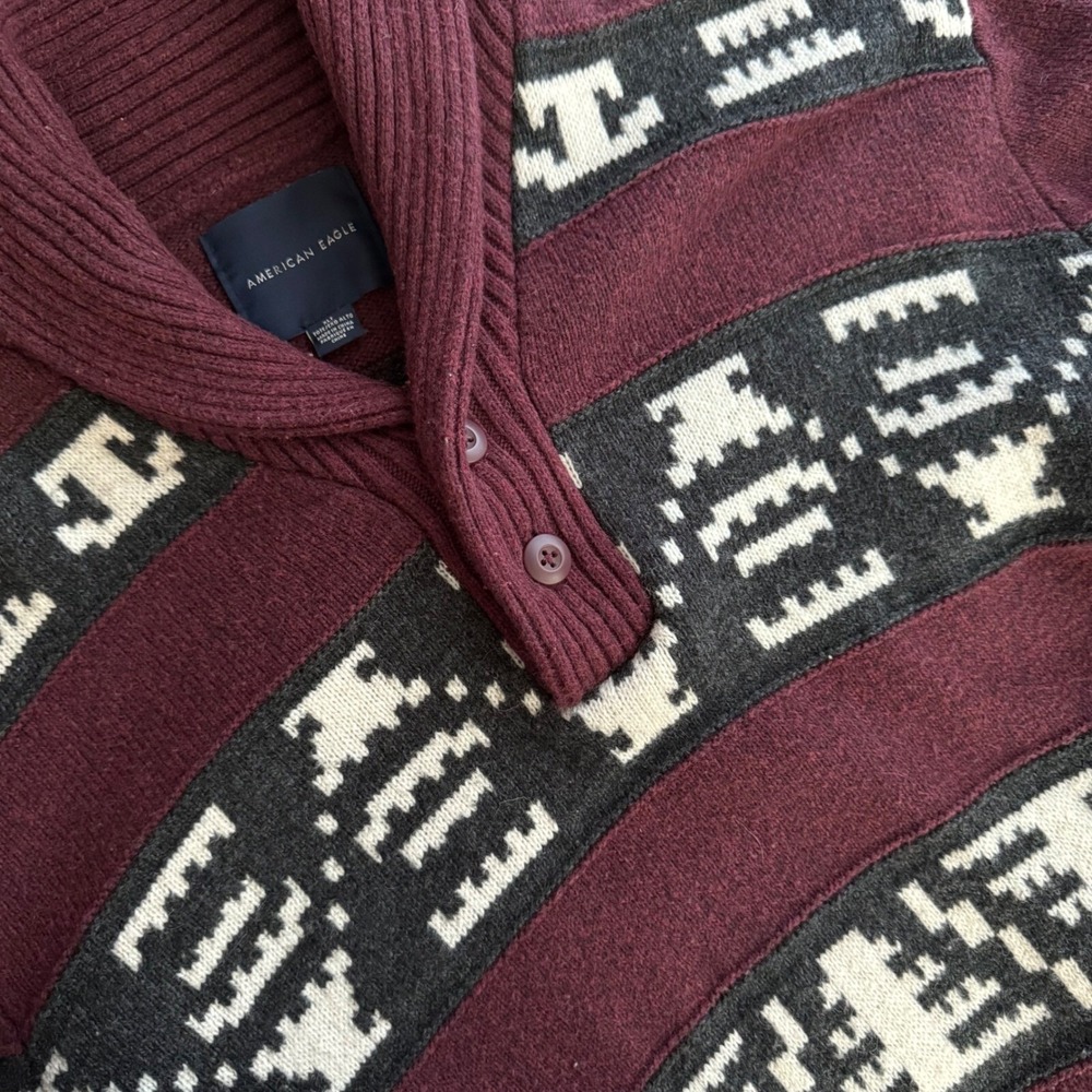American Eagle‎ Aztec Button Sweater Pullover Knit Maroon XLT